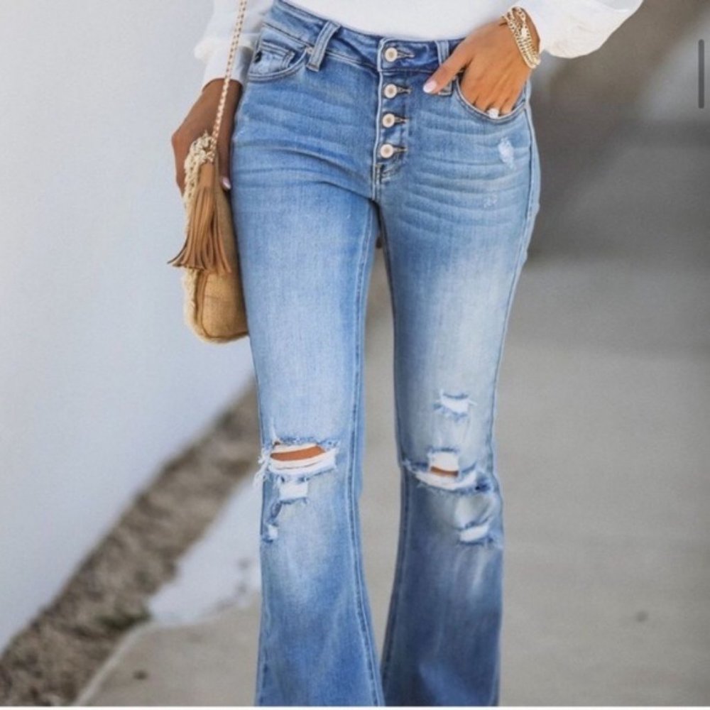New Kan Can Distressed Button Fly Flare Leg Jeans - Picture 7 of 16